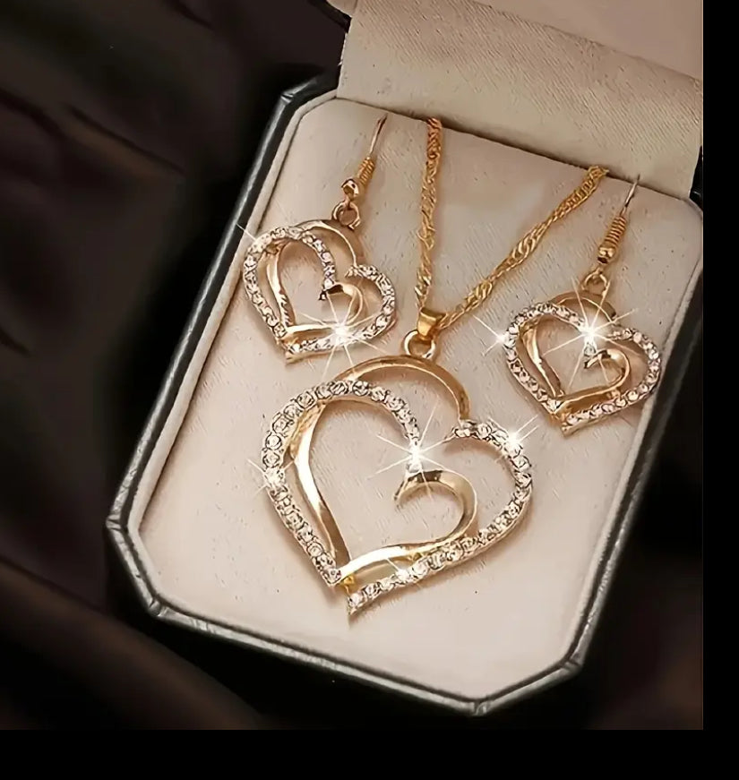 3pc Golden-Tone Love Heart Necklace and Earrings
