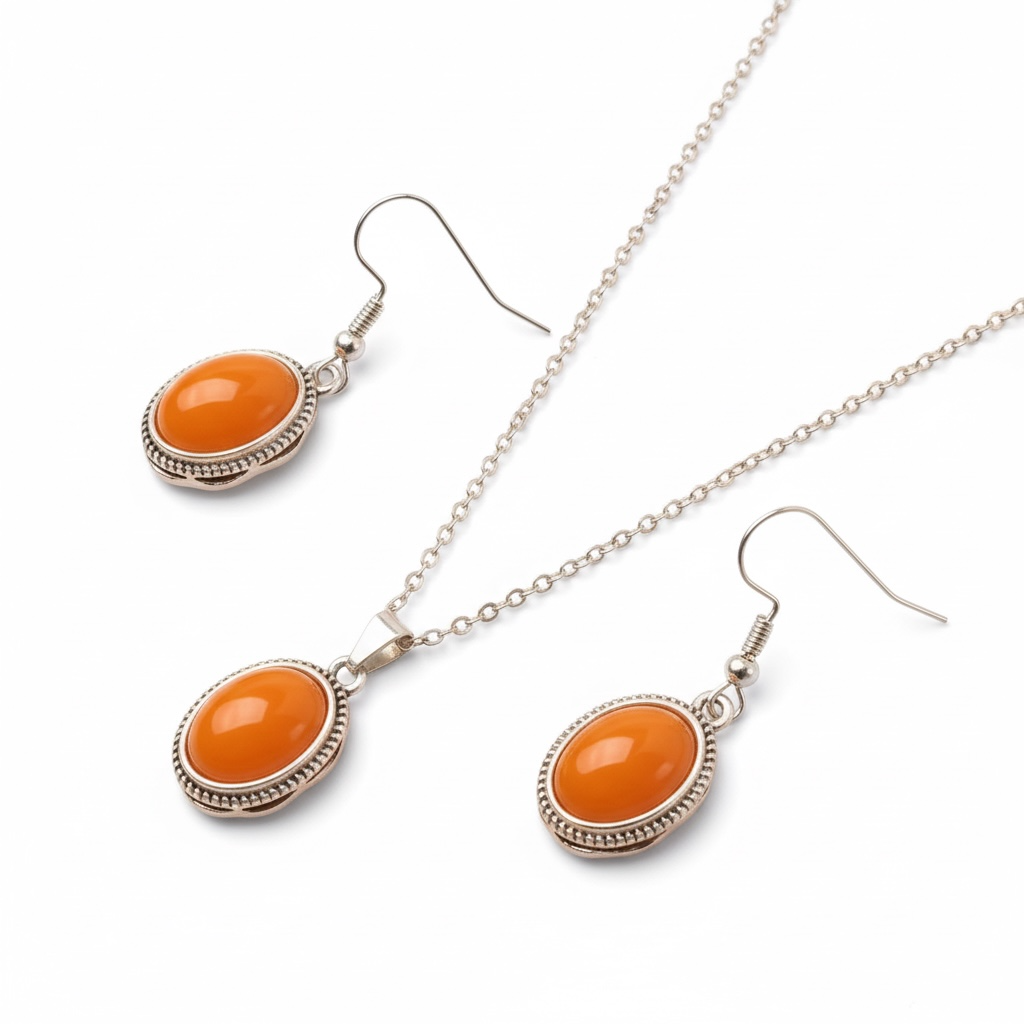 Bohemian Orange Geometric Necklace & Earrings Set – Vintage Stone Style