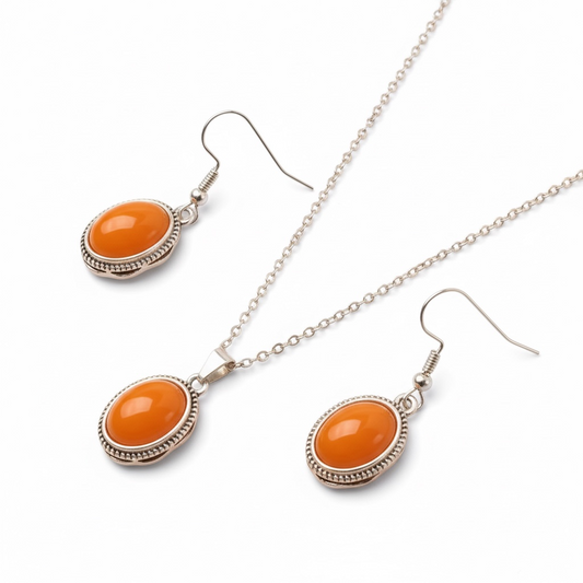 Bohemian Orange Geometric Necklace & Earrings Set – Vintage Stone Style