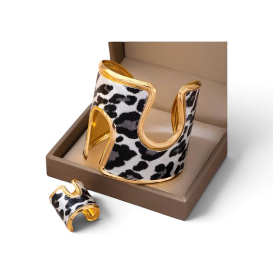 Black and White Leopard Print Bracelet and Ring Set