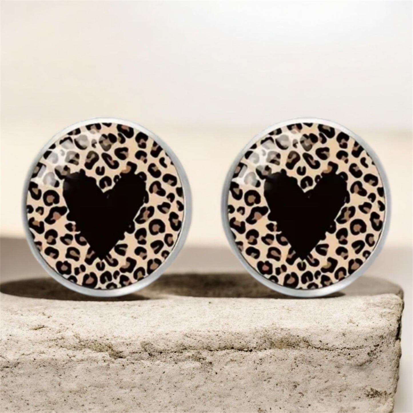 Leopard Print Heart Stainless Steel Stud Earrings