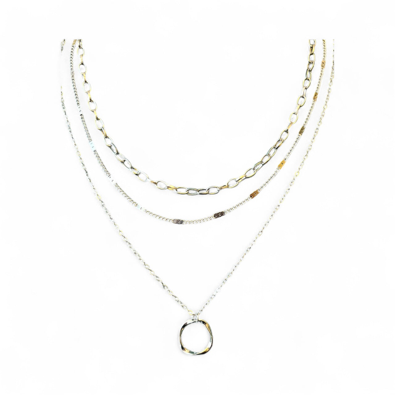 Sterling Silver Muti-layer Necklace with Round Pendent