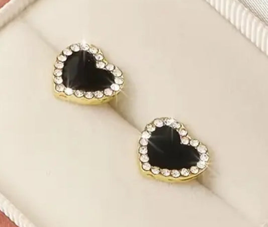 Black Heart Rhinestone Stud Earrings – 925 Silver Post