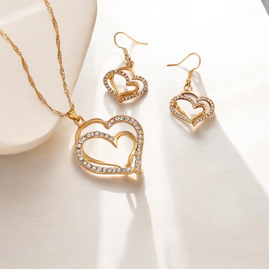 3pc Golden-Tone Love Heart Necklace and Earrings