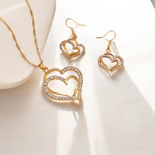3pc Golden-Tone Love Heart Necklace and Earrings